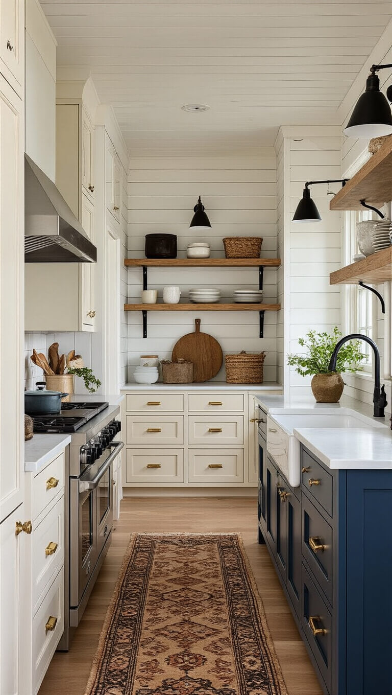 Moody dusk view of a 12'x8' galley kitchen with cream cabinets, brass cup pulls, blackened steel fixtures, shiplap ceiling, vintage runner, and styled open shelving.