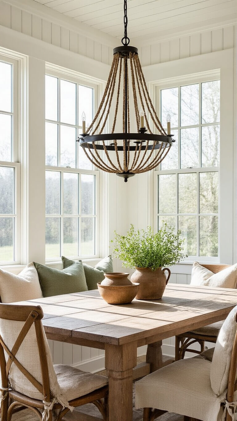 Open cage chandelier above rustic farmhouse dining table with vintage decor and natural light shadows.