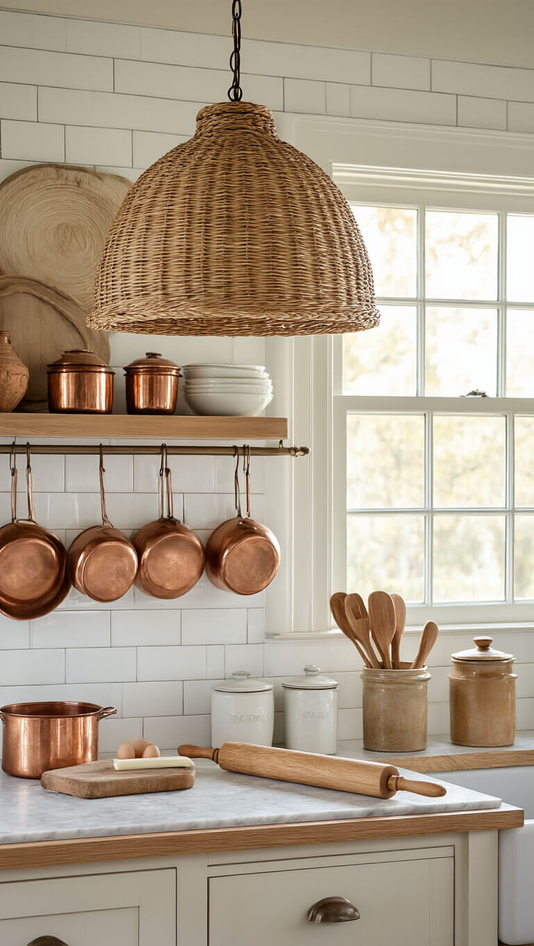 Cozy kitchen corner with woven pendant lamp over vintage table, morning light streaming through window, copper cookware on white subway tile wall, marble counter with wooden rolling pins and ceramic canisters.