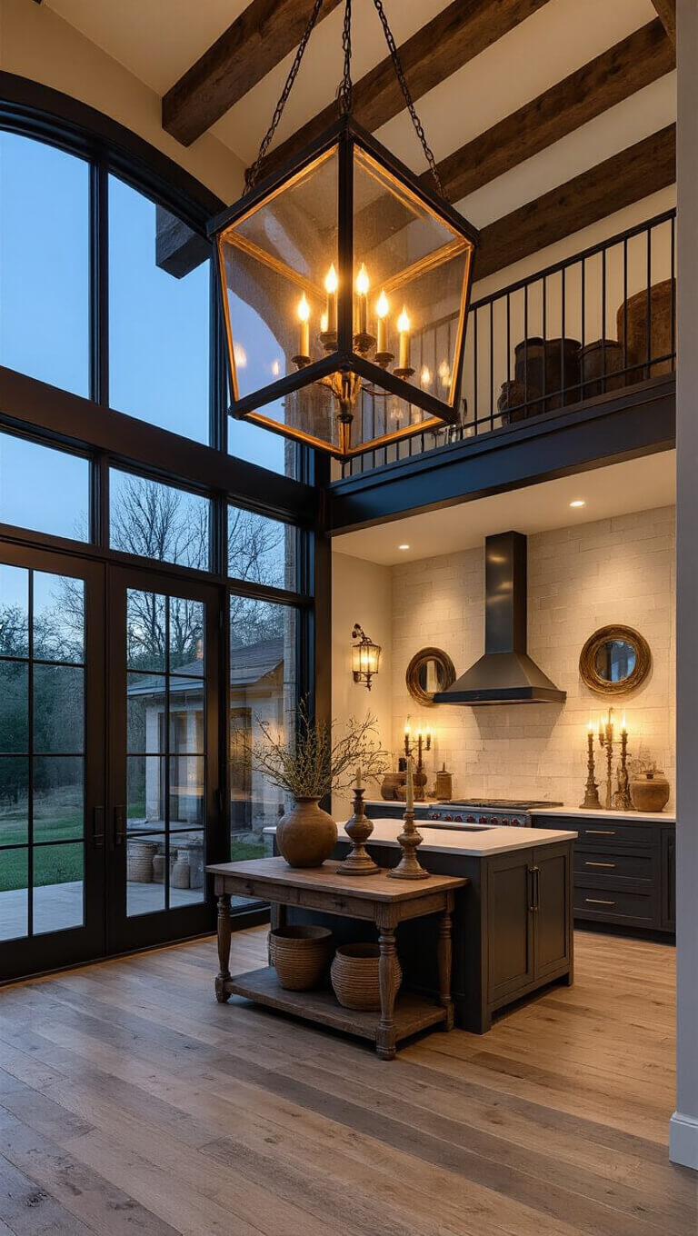 Double-height kitchen entrance with 20-foot ceiling, oversized lantern pendant, salvaged barn door, antique console styled with vintage mirrors, brass candlesticks, and earthenware, in warm twilight and interior lighting.