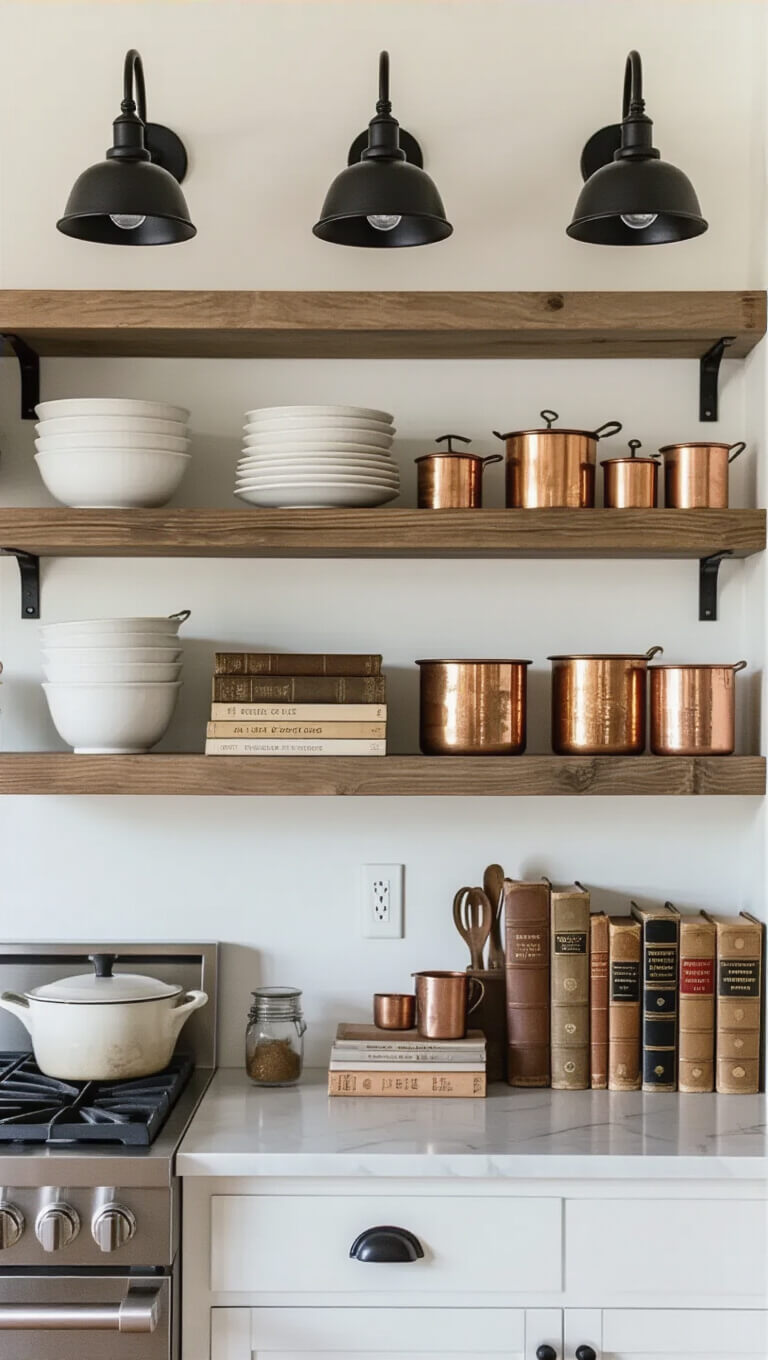 Industrial-style kitchen wall with three black sconce lights above open shelves displaying white ironstone, copper measuring cups, and vintage cookbooks in warm, indirect morning light.