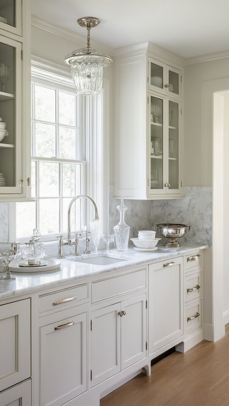 Elegant butler's pantry with glass-front cabinets, marble counters, polished nickel hardware, and vintage flush mounts in soft late afternoon light.
