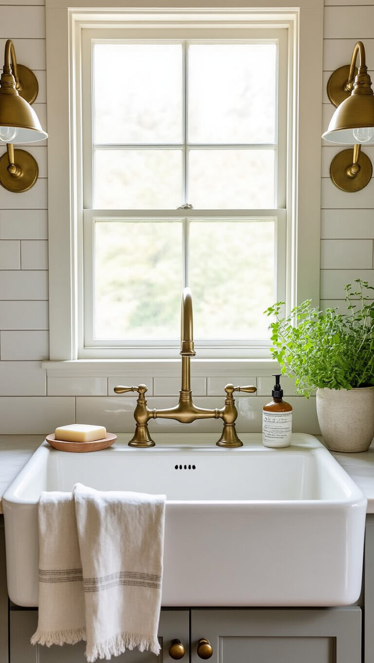 Close-up of farmhouse sink vignette with brass bridge faucet, wall-mounted sconces, white fireclay sink, subway tile, potted herbs, vintage soap dish, and linen towels in morning light.