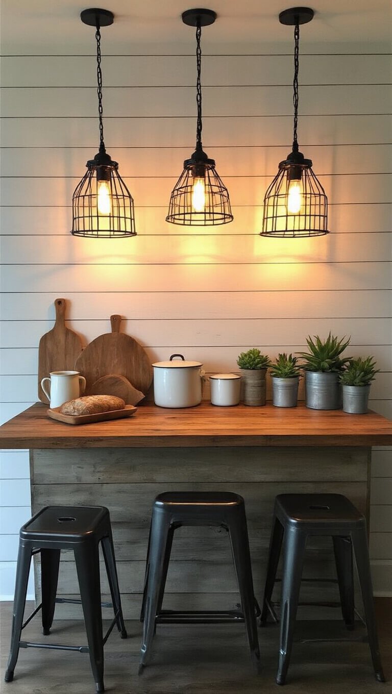 Industrial-style breakfast bar with cage pendant lights, reclaimed wood counter, metal stools, and vintage decor against shiplap backdrop at dusk.