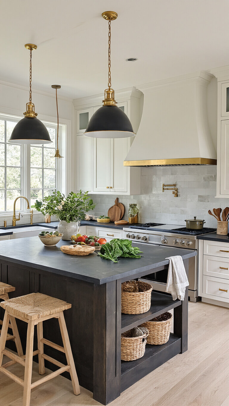 Overhead view of a professional chef's kitchen island with honed soapstone countertops, brass hardware, white cabinets, and mixed lighting including recessed, under-cabinet, and central pendant lights. Styled with cookware, wooden utensils, and fresh produce in a mid-afternoon setting.
