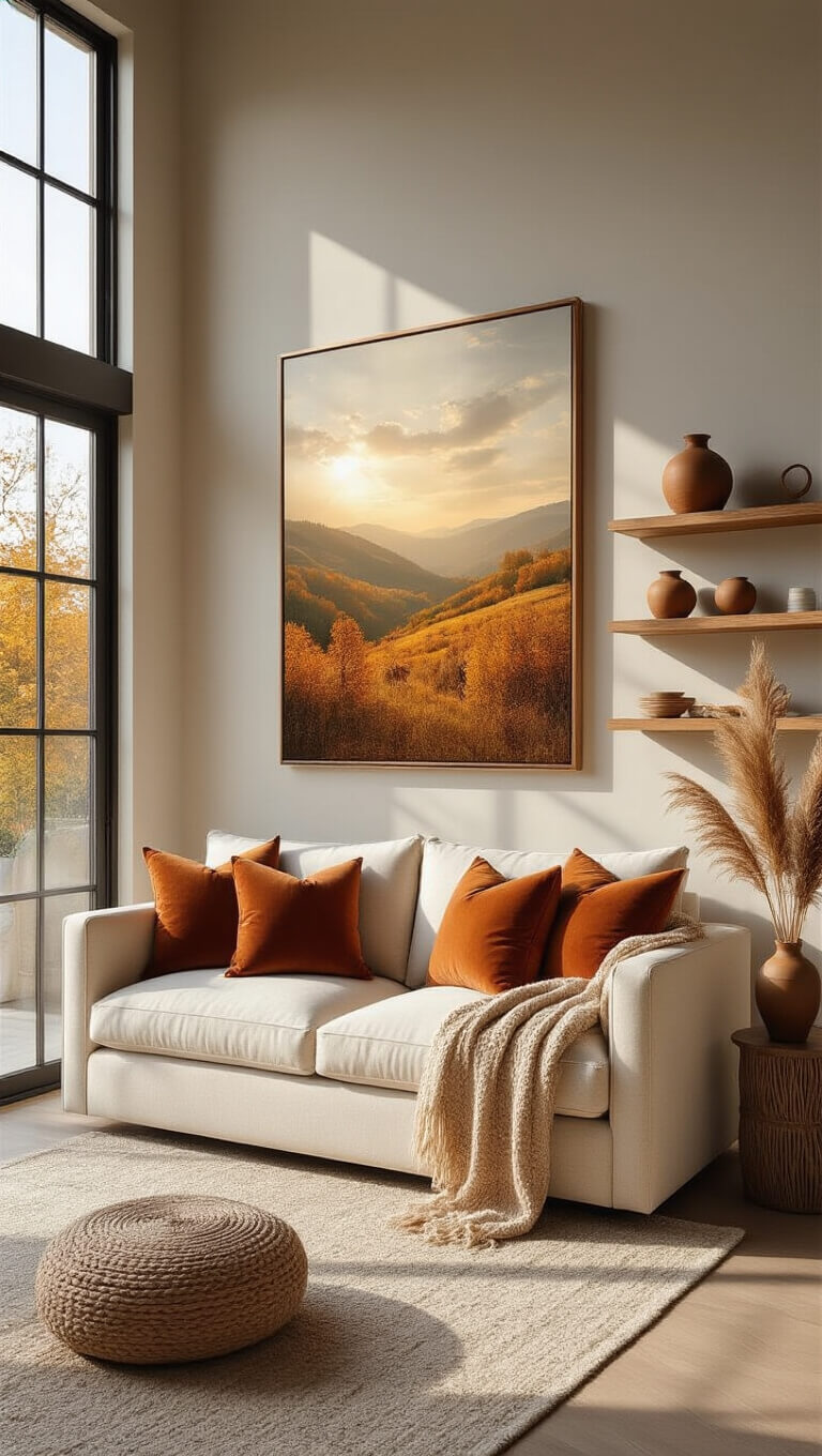 Photorealistic render of a spacious, sunlit living room with a cream linen sofa, rust velvet pillows, autumn landscape canvas, and decorative shelves featuring ceramic vases and pampas grass.