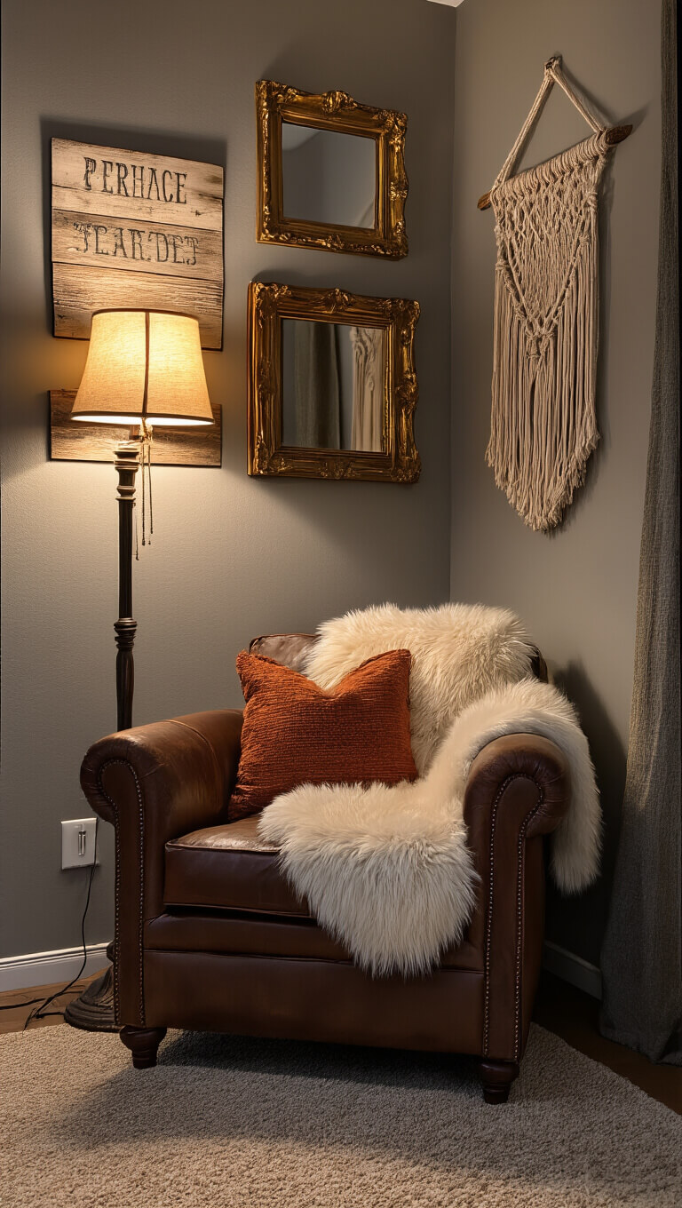 Cozy 8x8ft corner nook at dusk with moody lighting, leather armchair with faux fur throw, vintage floor lamp, and gallery wall of farmhouse signs, gold mirrors, and macramé decor.