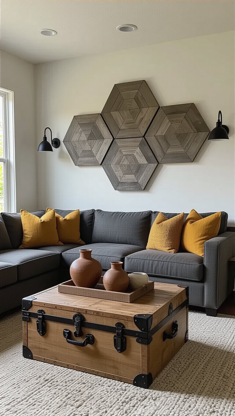 Modern farmhouse living room with charcoal sectional, mustard and olive pillows, wooden hexagon wall art, black sconces, and vintage trunk coffee table with earthy pottery.