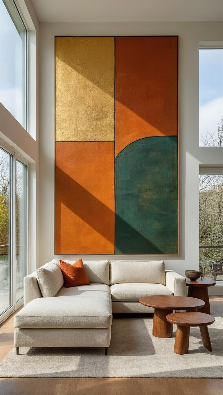 Contemporary open-concept living room with tall abstract accent wall, oatmeal bouclé sectional, and mid-century walnut side tables, photographed with tilt-shift lens for architectural detail.