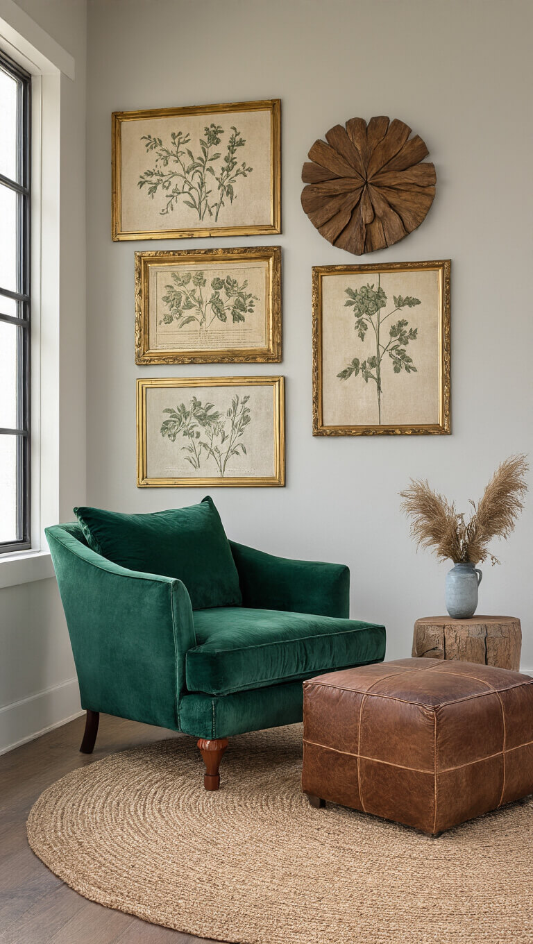 Rustic-modern sitting room with emerald velvet chair, leather ottoman, vintage botanical wall art, and jute rug lit by morning golden hour.