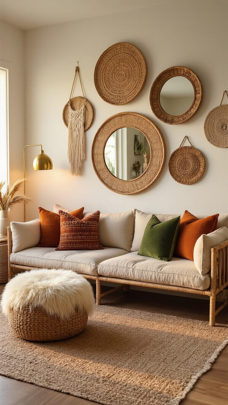 Bohemian living room at sunset with modular linen sofa, kilim pillows, macramé and mirror gallery wall, Mongolian fur pouf, and brass floor lamp.