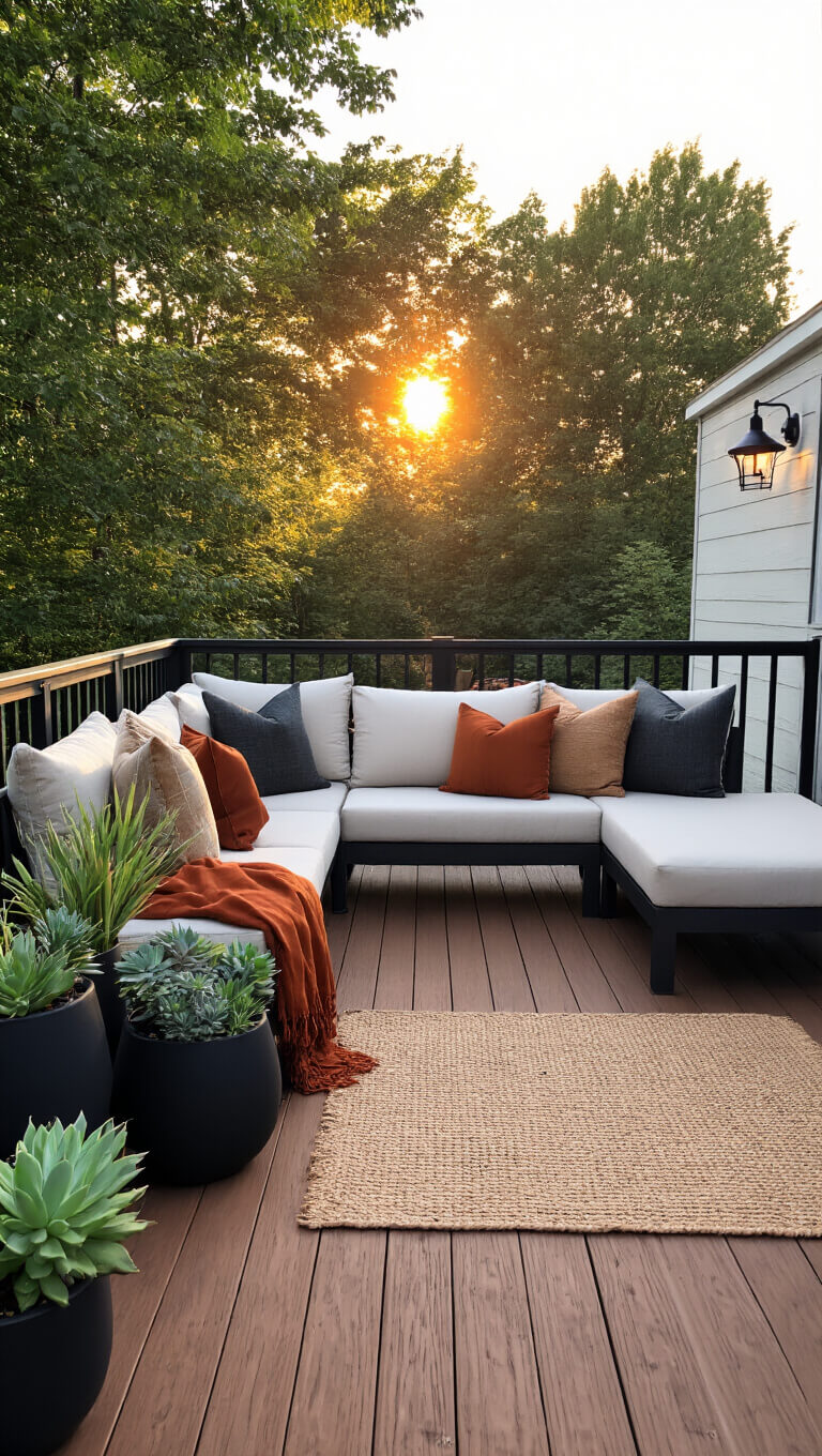 Modern rustic elevated deck with cedar-toned composite flooring, black railings, gray sectional seating, and warm sunset lighting against a mobile home backdrop.
