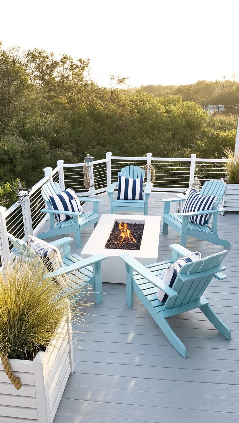 Whitewashed 12x24ft coastal deck with pale blue Adirondack chairs around a white fire pit, striped cushions, glass lanterns, and white planters with grasses in morning light.