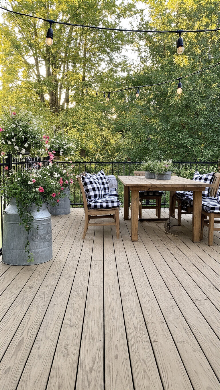 Low-angle view of a rustic 14x18ft pine deck with vintage decor, cascading flowers, and dramatic shadows.