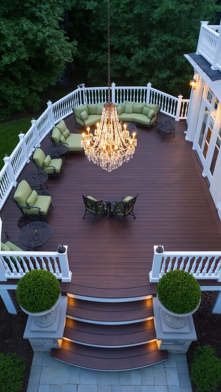 Overhead view of a multi-level 20x24ft dark walnut-stained deck at dusk with white classical railings, sage green cushioned wrought iron furniture, symmetrical boxwood topiaries in urns, copper path lights, and a crystal chandelier centerpiece.