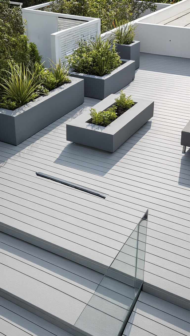 Minimalist modern 16x16ft floating deck with light gray aluminum surface, frameless glass railings, charcoal concrete furniture, geometric planters, and midday shadows.