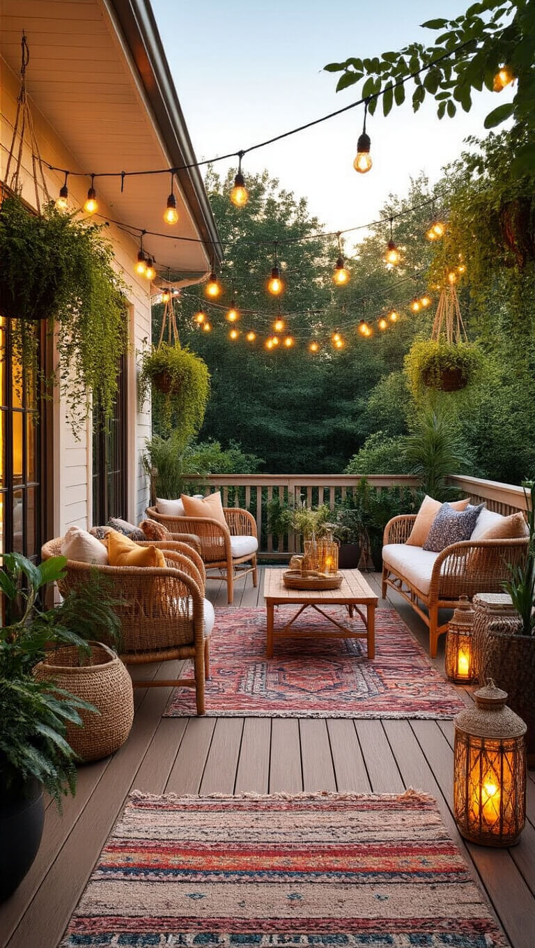 Bohemian-style 14x20ft deck at golden hour with rattan furniture, colorful kilim rugs, Moroccan lanterns, string lights, and trailing plants in hanging baskets.