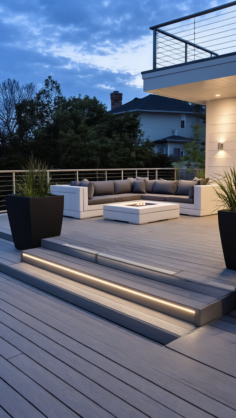 Contemporary twilight lounge deck with modular white seating, LED-lit slate gray steps, stainless steel rails, and oversized black planters.