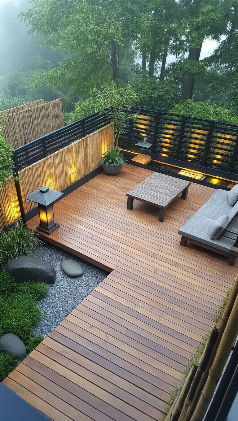 Bird’s eye view of a 12x16ft zen garden deck at dawn with bamboo decking, black railings, teak furniture, stone lanterns, water feature, rock garden elements, and bamboo privacy screens in misty lighting.