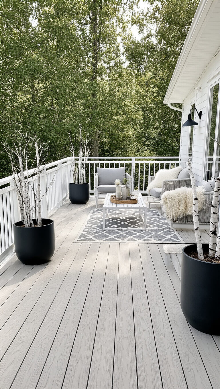 Scandinavian minimal deck with bleached wood, white railings, pale gray furniture, sheepskin throws, black planters, and geometric rug in soft morning light.