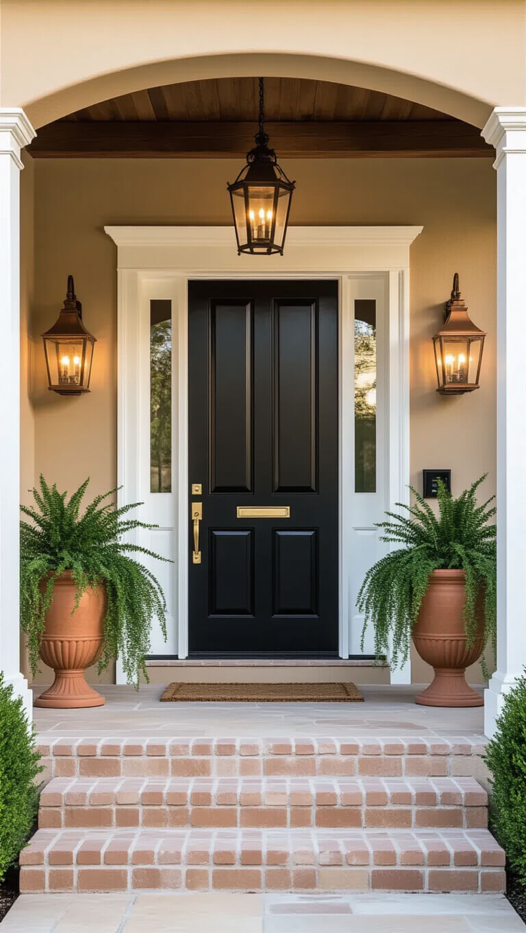 Grand black front door with brass hardware framed by white trim and copper lanterns on tan stucco home at golden hour, viewed from low angle.