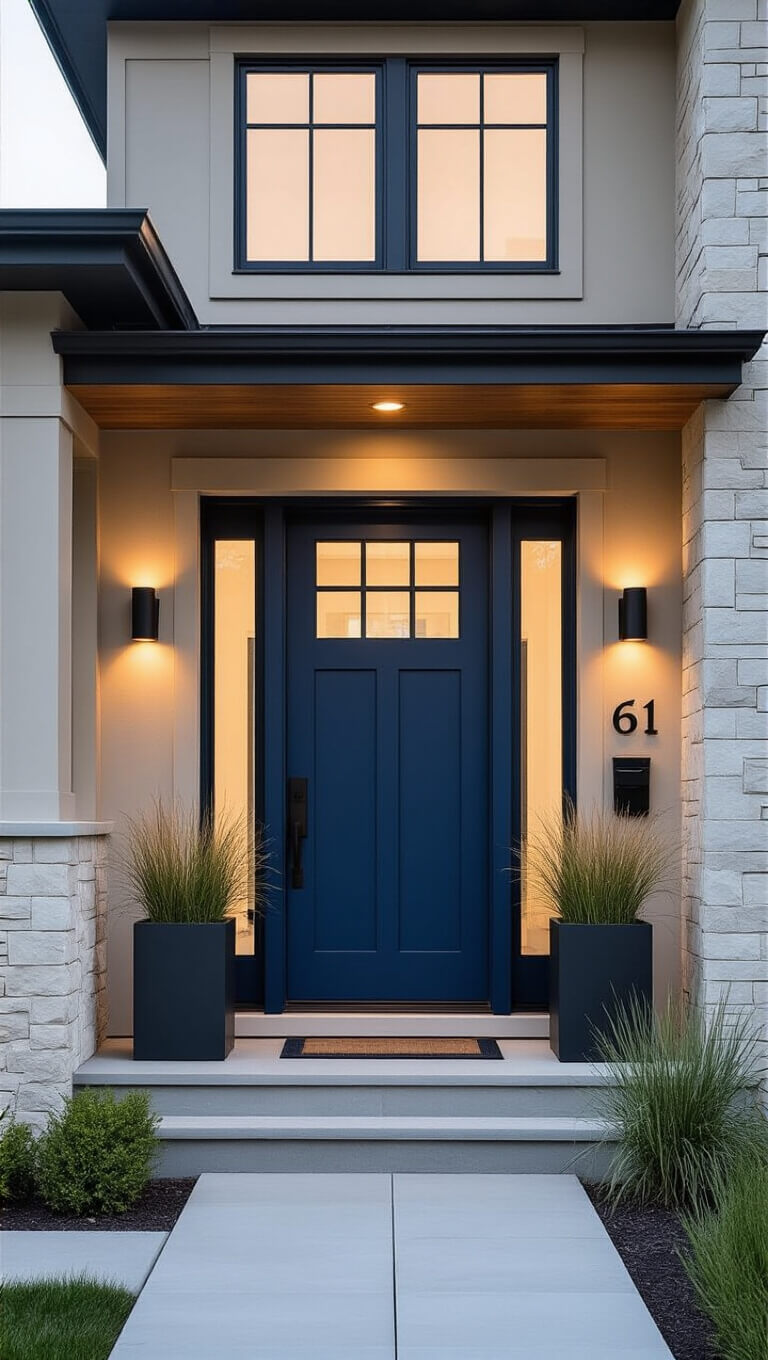 Modern craftsman-style tan house with navy blue door, white grid windows, natural stone and wood accents, black sconces, and minimalist landscaping at blue hour.
