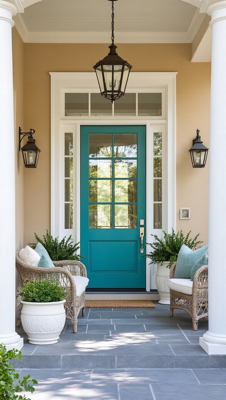 Tan house entrance with teal front door, white columns, slate porch, Mediterranean planters, and wrought iron details in morning light.