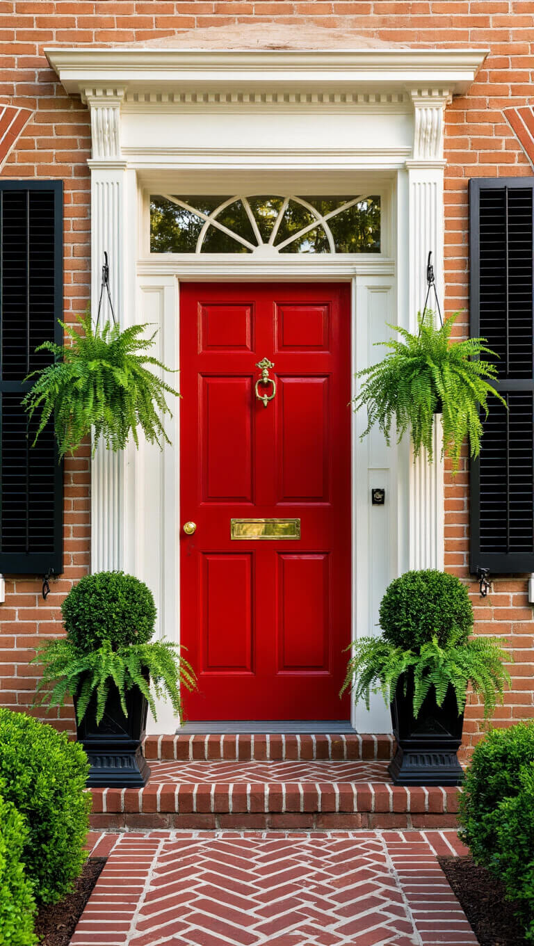 Traditional tan brick home entrance with red six-panel door, black shutters, white trim, boxwood topiaries, and hanging fern baskets in afternoon golden hour lighting.