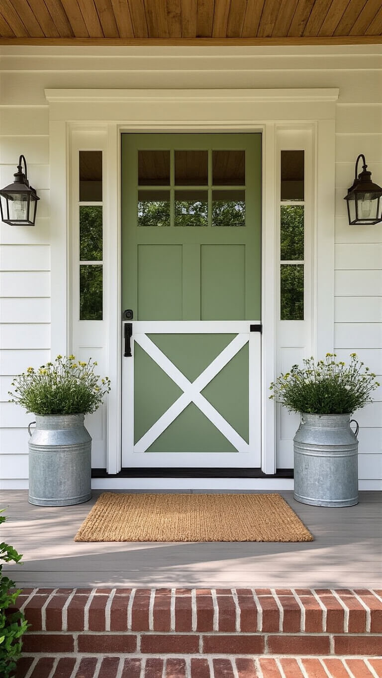 Tan farmhouse exterior with sage green Dutch door, vintage milk can planters, and natural wood porch ceiling in morning light.