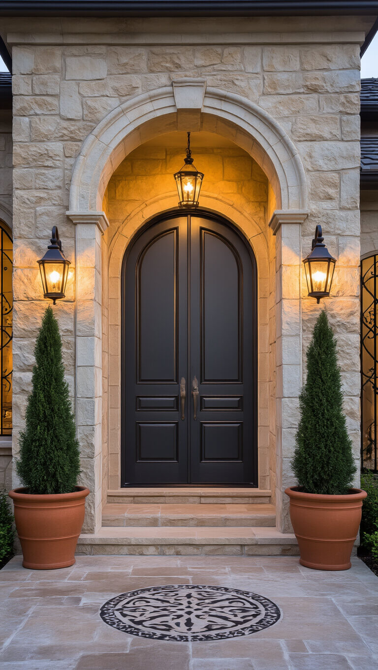 Elegant tan stone house entrance with arched limestone doorway, glossy charcoal gray door, bronze lanterns, potted cypress trees, and iron window grilles at dusk.