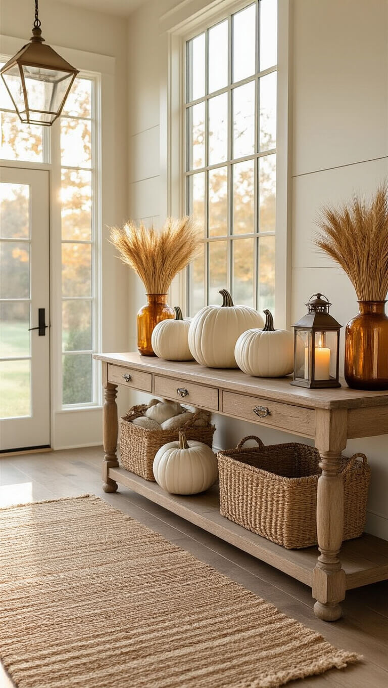 Sunlit farmhouse entryway with jute and checkered doormats, wooden console table, white ceramic pumpkins, copper lanterns, and dried wheat in amber vases at golden hour.