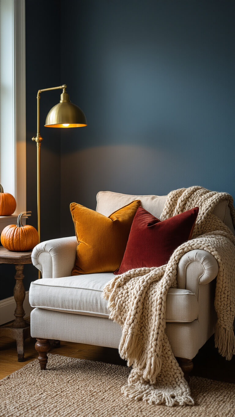 Cozy living room corner with oatmeal linen armchair, spiced pumpkin throw, autumn-toned pillows, vintage brass lamp, and heirloom pumpkins on oak table in moody blue hour lighting.