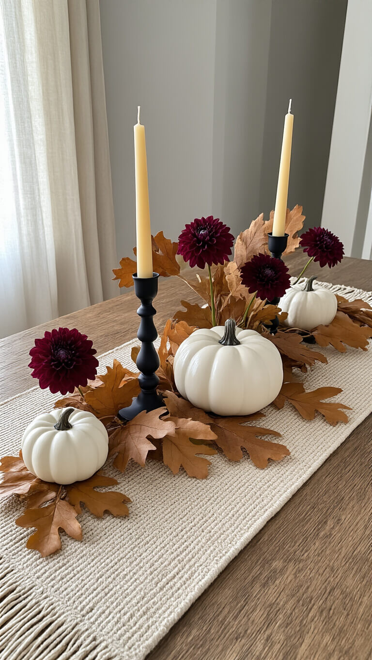 Modern dining room tablescape with reclaimed wood table, organic fall centerpiece of white ceramic pumpkins, dried oak leaves, burgundy dahlias, black candlesticks with beeswax tapers, and woven table runner in soft afternoon light.