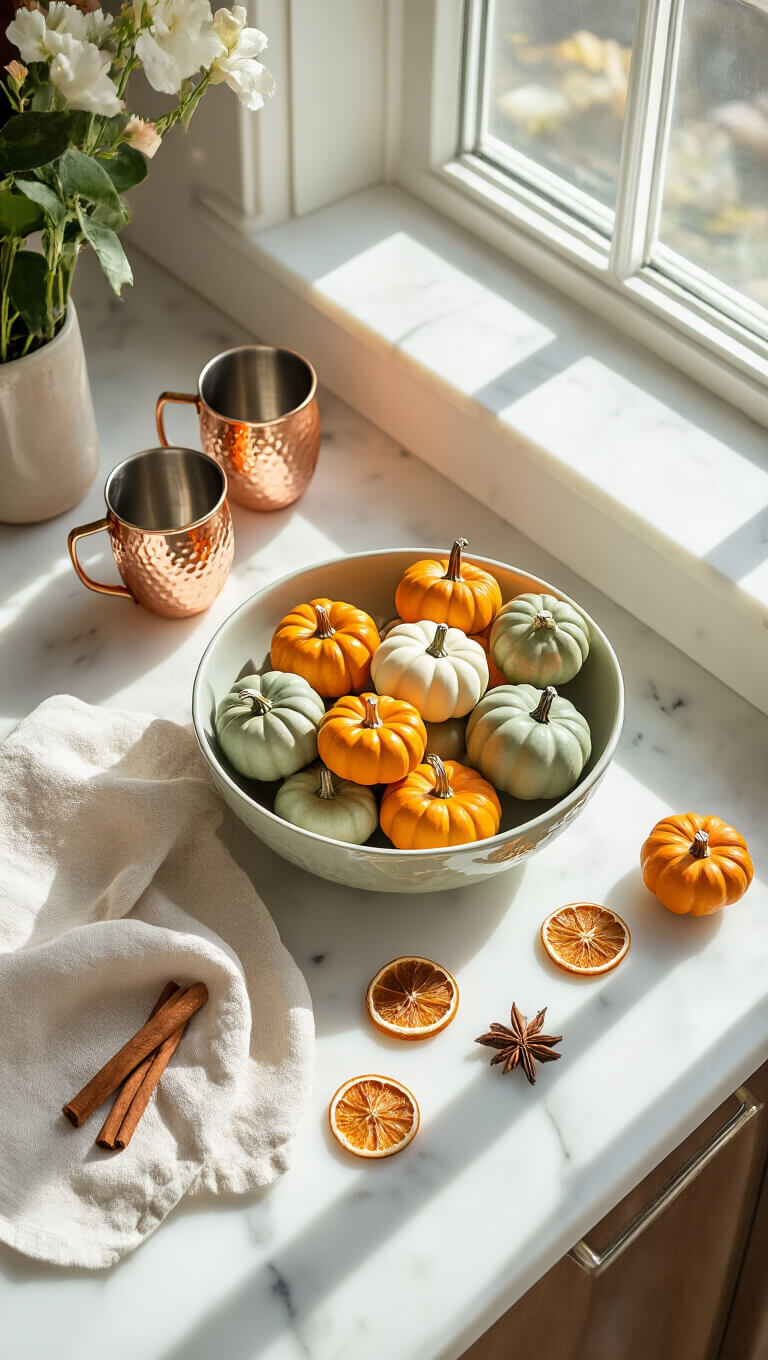 Kitchen island with white marble countertop featuring a ceramic bowl of mini sage and cream pumpkins, copper mugs with cinnamon sticks and dried orange slices, and a draped linen tea towel in morning skylight.