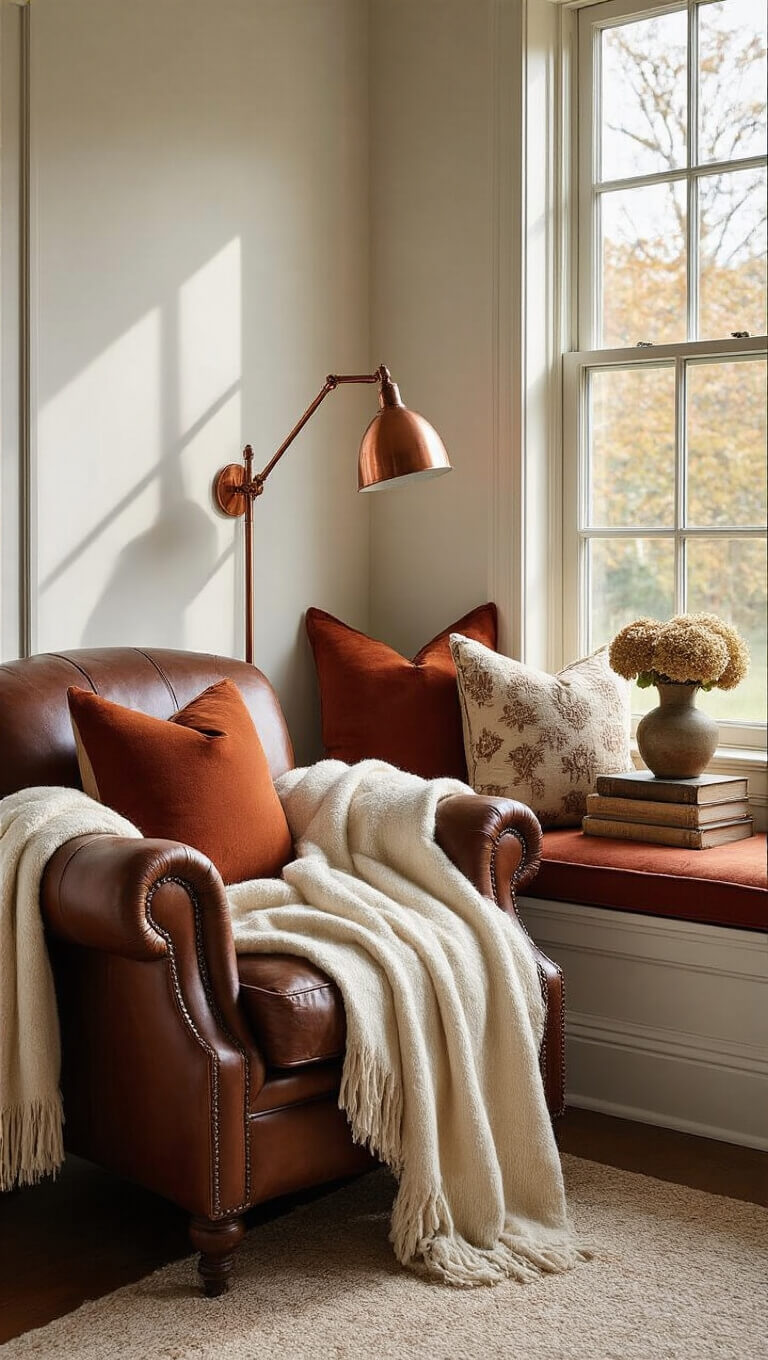 Cozy reading nook with vintage leather armchair, rust velvet window seat, antique books, and dried hydrangeas in warm afternoon light.