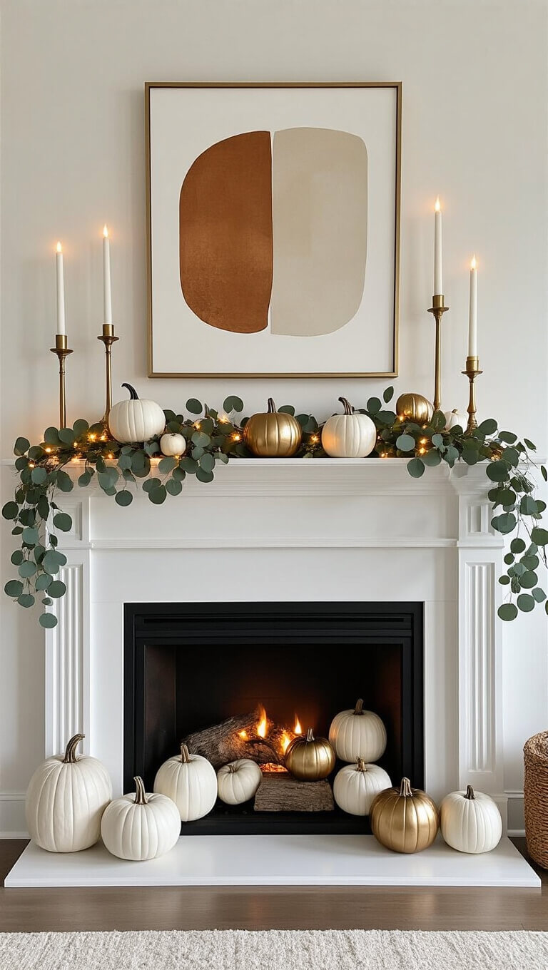 Modern white fireplace with asymmetrical metallic and white pumpkins, eucalyptus garland with fairy lights, rust-toned abstract art above, and varying-height brass candlesticks in warm evening light.
