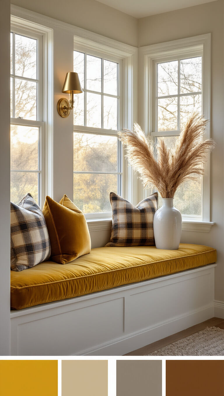 Cozy bedroom bay window seat at dawn with mustard velvet cushion, autumn plaid pillows, brass sconce, and pampas grass in ceramic vase.