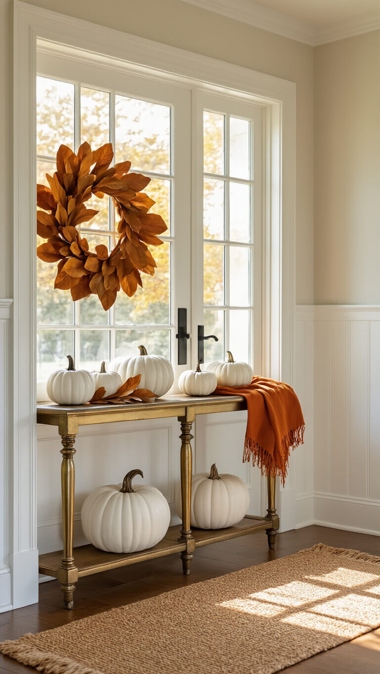 Warmly lit 8x10ft entryway with brass console table, white pumpkins, dried leaves, magnolia wreath, jute runner, crown molding, and beadboard wainscoting.