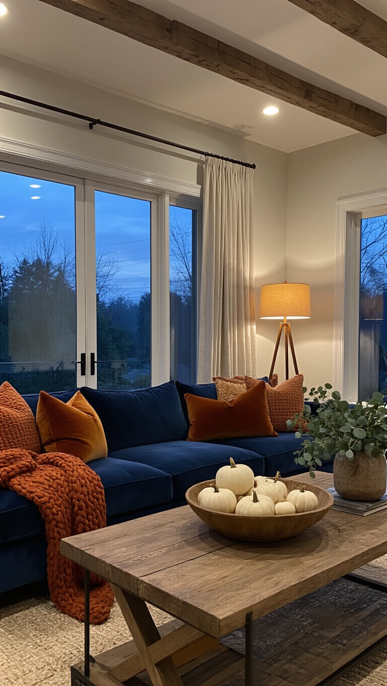 Cozy dusk-lit living room with navy velvet sofa, rust knits, and ambient copper lamp lighting under exposed wooden beams.