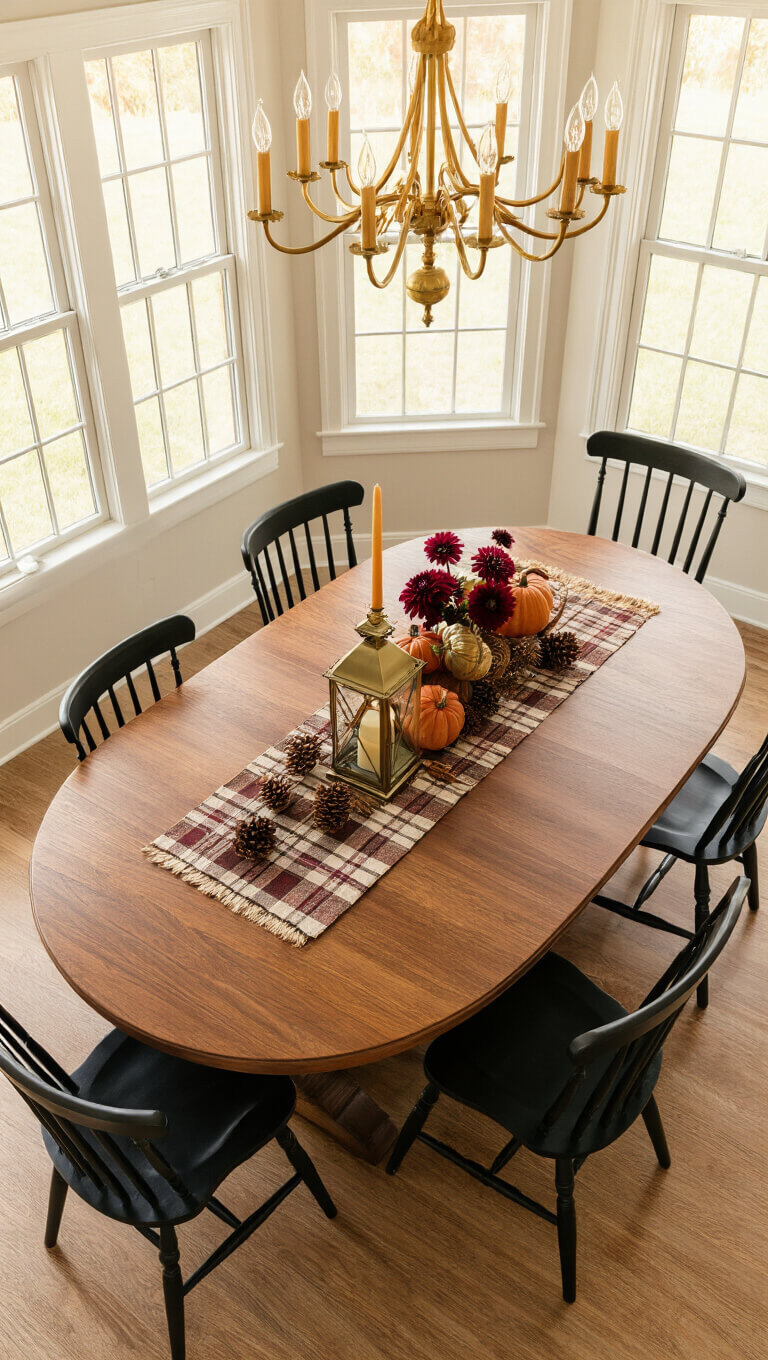 Bird's eye view of a cozy 12x14ft dining room during golden hour with an oval walnut table, plaid table runner, brass lantern centerpiece with pumpkins, pine cones, dahlias, black Windsor chairs, and a vintage brass chandelier.