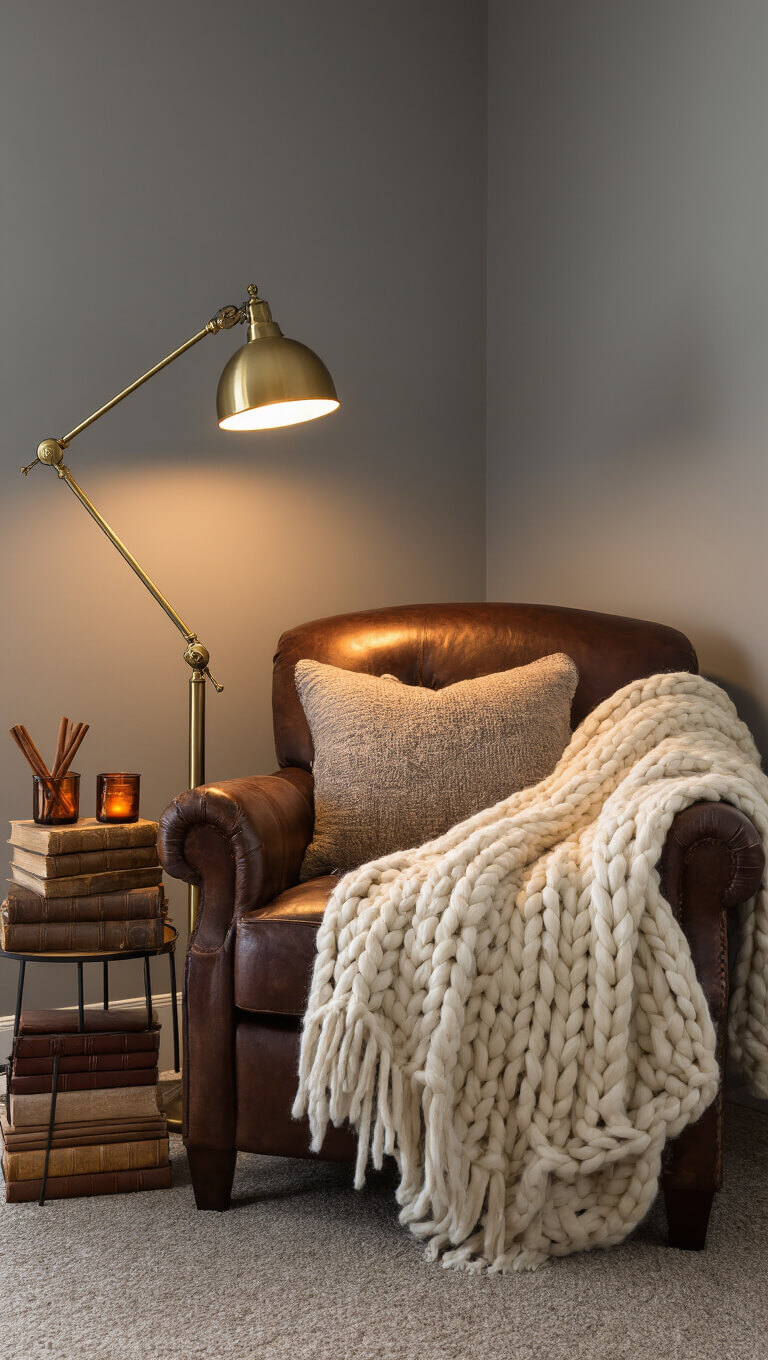 Cozy 6x8ft reading nook with leather armchair, cream wool throw, vintage brass lamp, stacked leather-bound books, cinnamon sticks, and amber votives against warm gray walls and copper accents at magic hour.