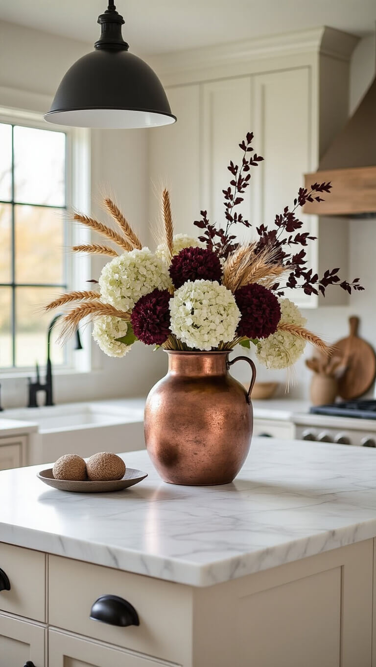 Modern farmhouse kitchen with white marble island, fall floral arrangement in weathered copper vase, and cream cabinets with matte black hardware, lit by morning light.
