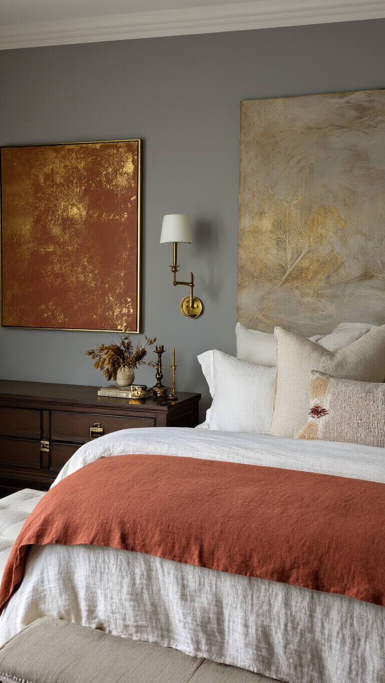 Luxurious master bedroom at twilight with king-sized bed in ivory and terra cotta linens, large abstract rust and gold canvas on fog gray wall, brass sconces, and styled nightstands with vintage brass candlesticks and dried botanicals.