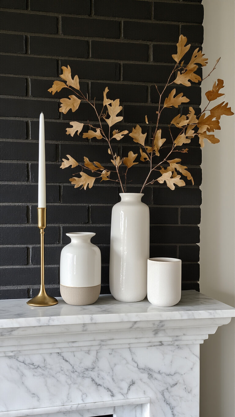 Minimalist mantel with white marble surround, dark herringbone brick interior, brass candlesticks, white ceramic vessels, and preserved oak branches in soft morning light.