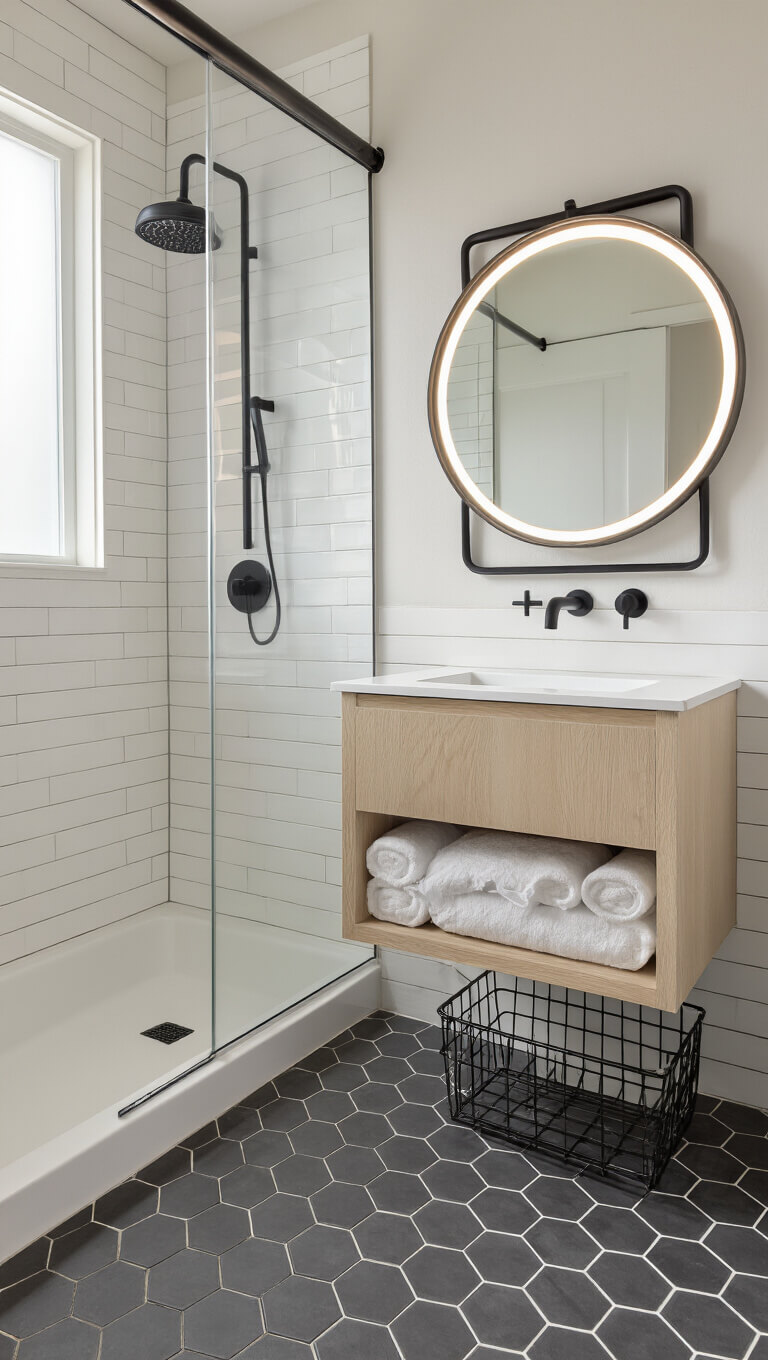 Modern 5x7ft bathroom with floating bleached oak vanity, matte black fixtures, white subway tile walls, charcoal hex tile floor, frameless glass shower, and LED-lit round mirror.