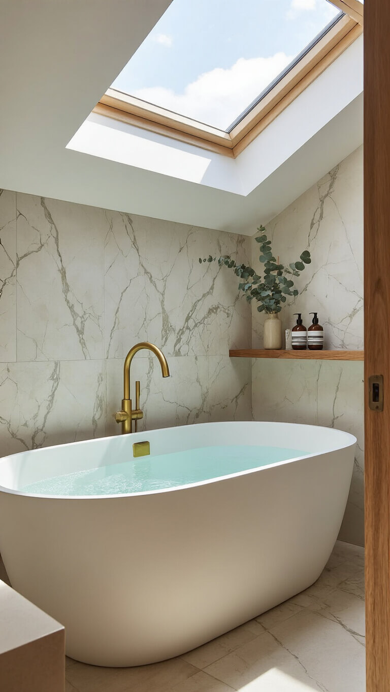 Modern bathroom with oval soaking tub, marble-effect tiles, brass fixtures, and walnut shelf under skylight.