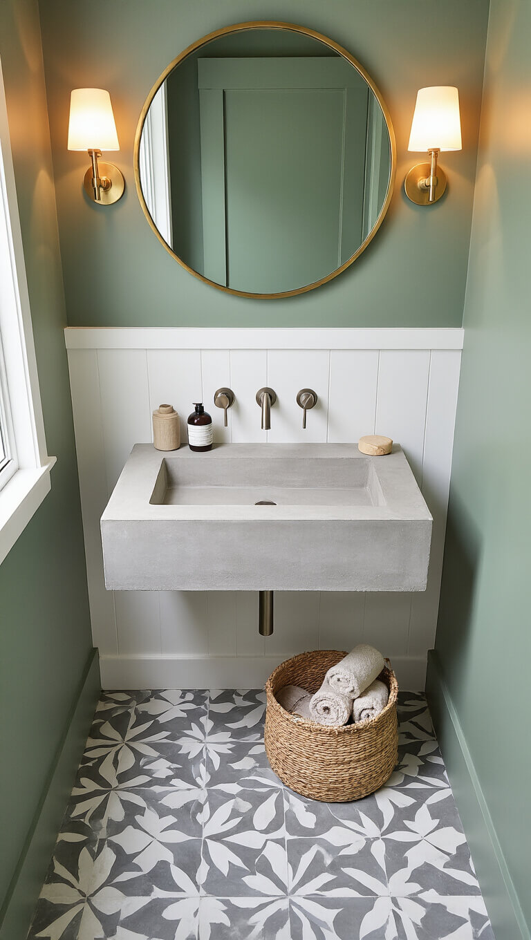Dusk-lit powder room with geometric gray and white cement tile floor, wall-mounted concrete sink, brushed nickel fixtures, sage green walls, brass round mirror, and warm LED sconce lighting.