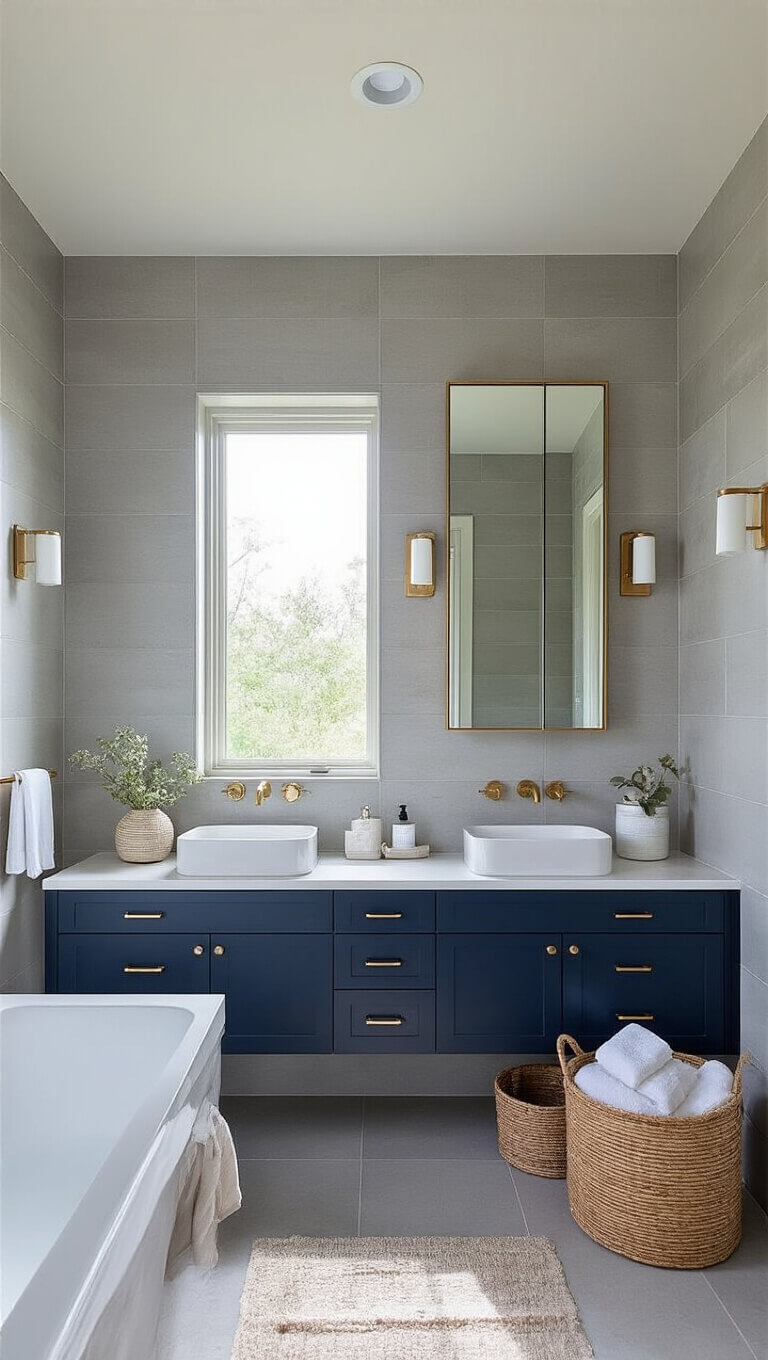 Contemporary bathroom with navy floating double vanity, champagne bronze fixtures, and light gray tiled walls, lit by late morning light.