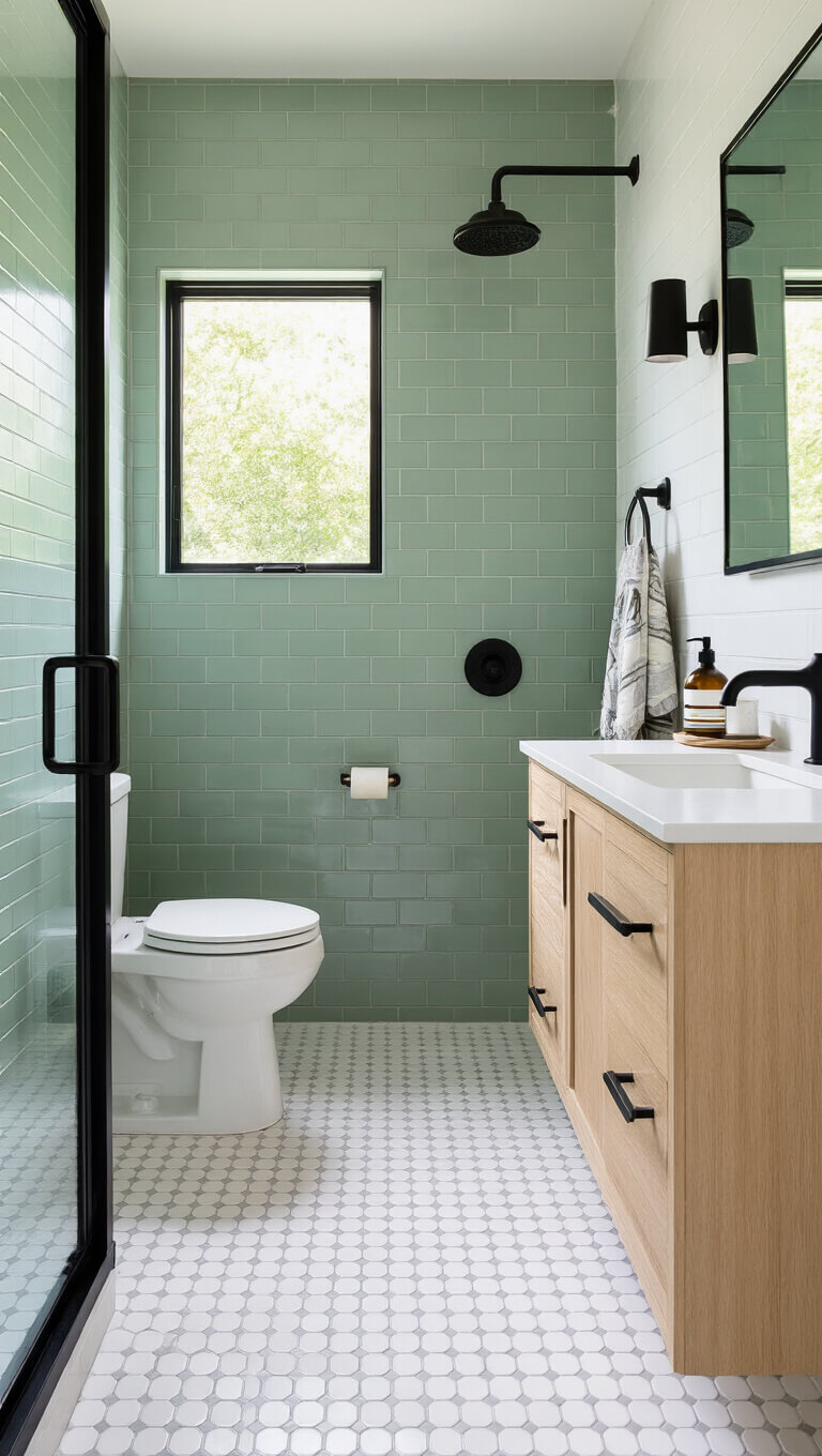 Modern small bathroom with white penny tile floor, sage green subway walls, wall-mounted toilet, floating oak vanity, black-framed shower, and brass accents.