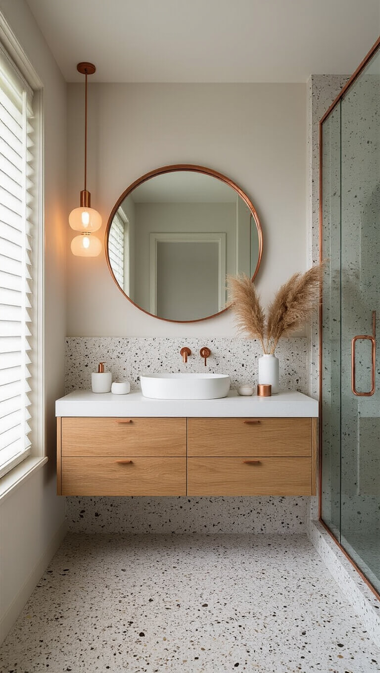 Modern 5x8ft bathroom with terrazzo flooring, white micro-cement walls, smoked oak floating vanity, copper fixtures, and natural dawn light filtering through privacy glass.